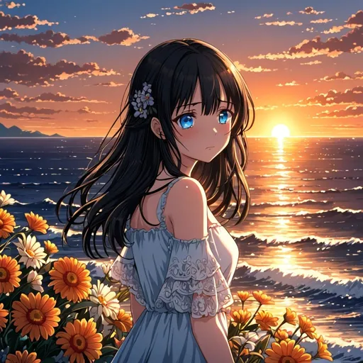 Prompt: anime, girl, blue eyes, black hair, cry, sea, flowers , sunset , sunshine , very detailed