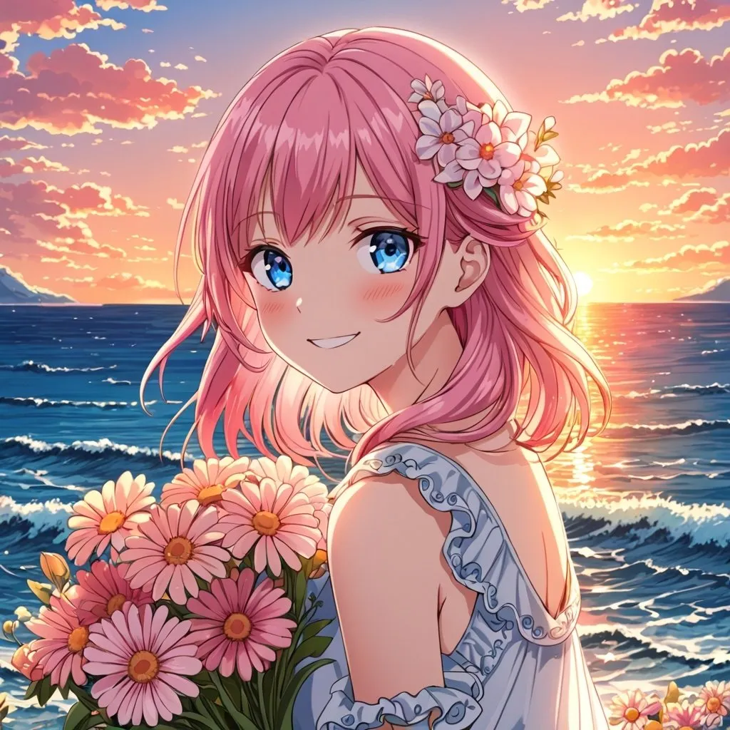 Prompt: anime, girl, blue eyes, pink hair, happy, sea, flowers , sunset , sunshine , very detailed