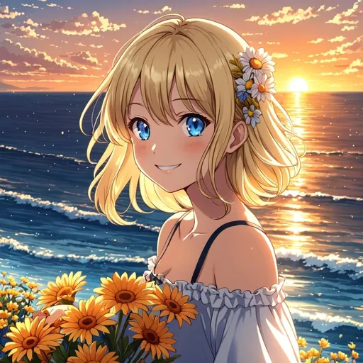 Prompt: anime, girl, blue eyes, blonde hair, happy, sea, flowers , sunset , sunshine , very detailed