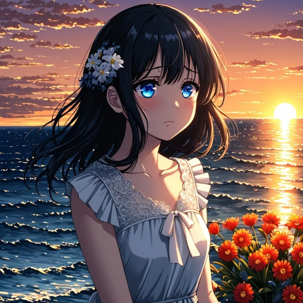 anime, girl, blue eyes, black hair, cry, sea, flower...