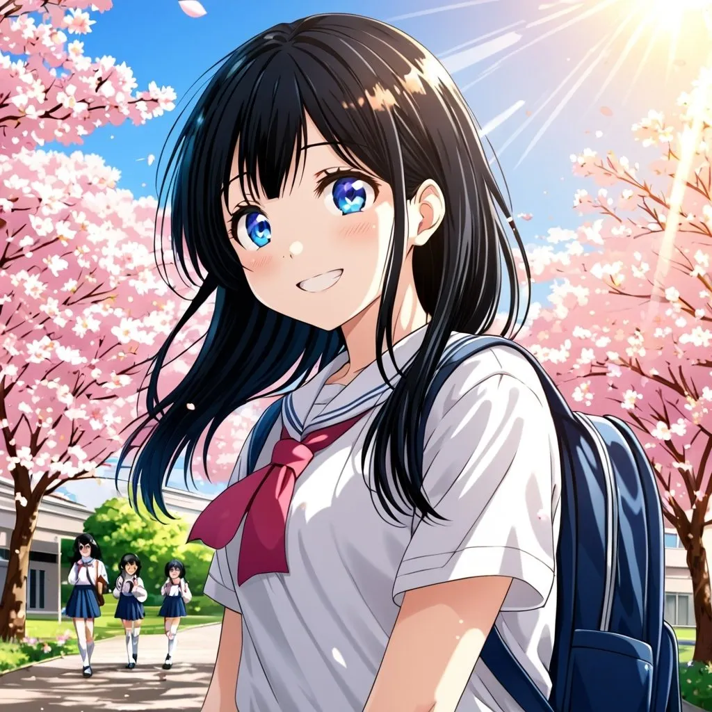Prompt: anime, student girl, blue eyes, black hair, happy, school, sakura , sunshine , very detailed