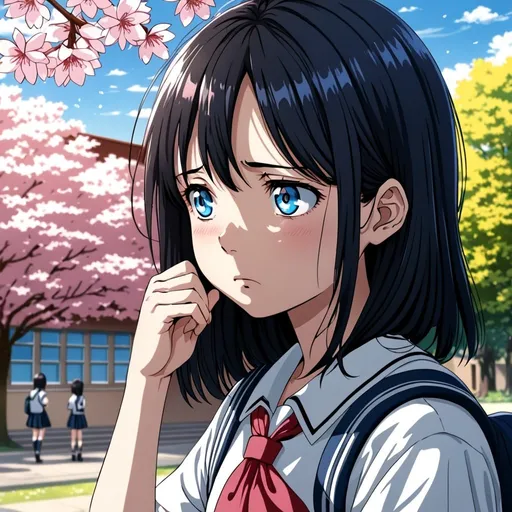 Prompt: anime, student girl, blue eyes, black hair, sadness , school, sakura , sunshine , very detailed