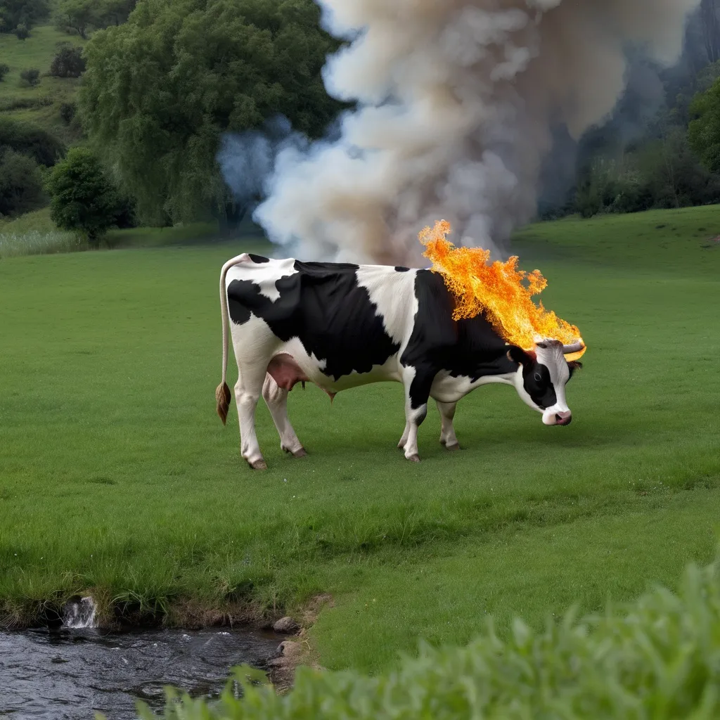 Prompt: A black and white cow that is on fire eating a bush that is on fire  in a green field  with a stream and trees in the background image is from a distance 