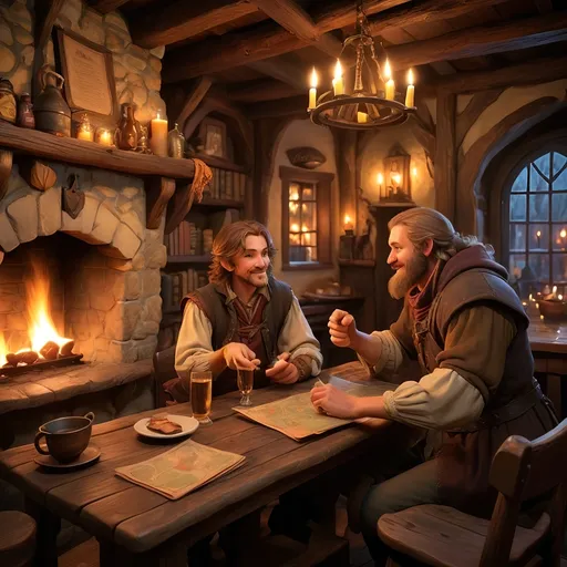 Prompt: (cozy fantasy tavern), candlelight illuminating the warmth, (innkeeper) behind the bar, (bard) strumming a melody by the crackling fire, (servers) bustling with platters, (adventurers) at tables, (wizard) studying a glowing map, (warrior) engaged in an arm-wrestle, mysterious scrolls hinting at hidden stories, rustic wooden interior, vibrant atmosphere, (ultra-detailed) and (warm tones), inviting ambiance, magical and lively mood. 