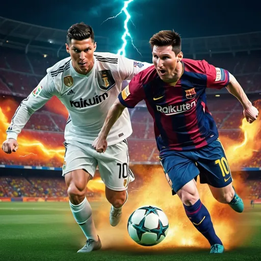 Prompt: (Cristiano Ronaldo and Lionel Messi), dynamic pose, energetic action scene, intense expressions, (fiery soccer ball) and (lightning ball) in motion, colorful background with dramatic contrasts, grass stadium field, spectators cheering, vibrant colors, high energy, (4K ultra-detailed), epic atmosphere, vivid lighting illuminating players and balls, exciting ambiance of competition and spirit.