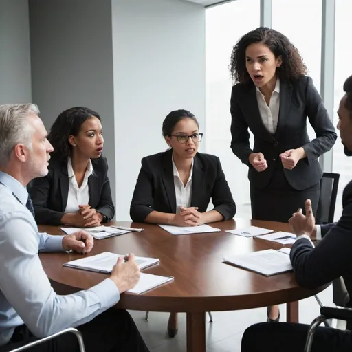 Prompt: A group of business leaders sitting around a table arguing.  The people should include female and different racial groups.