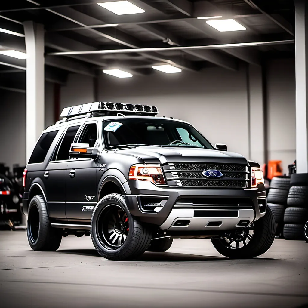 Prompt: genarate for me photo of ford expedition named DRAGON Project street racing , widebodied same as jeep grand cherokee trackhawk, mid level suspension for street racing upgrade with street racing wheels and the front bumperleft of ford f-150 2016 raptor and the engine 6.2L v8 Superchargered from shelby with black interior and changed gear external design and again make it widebodied same as jeep grand cherokee trackhawk 