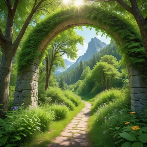 Prompt: Beautiful round nature green lash arch in mountain forest park, concept mother nature path
