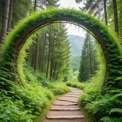 Prompt: Beautiful round nature green lash arch in mountain forest park, concept mother nature path
