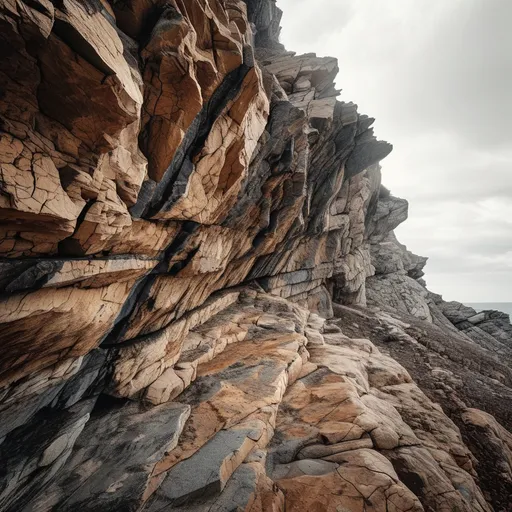 Prompt: Cliff rock face texture surface dark background of great outdoors, nature exploration and travel. Brown earth tones granite stone slice natural background