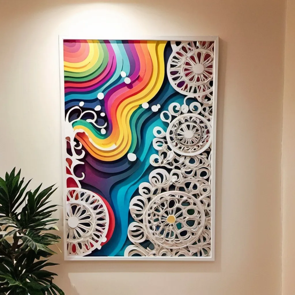 Prompt: Abstract psychedelic papercut background Painting on a white board, placing near a swimming pool