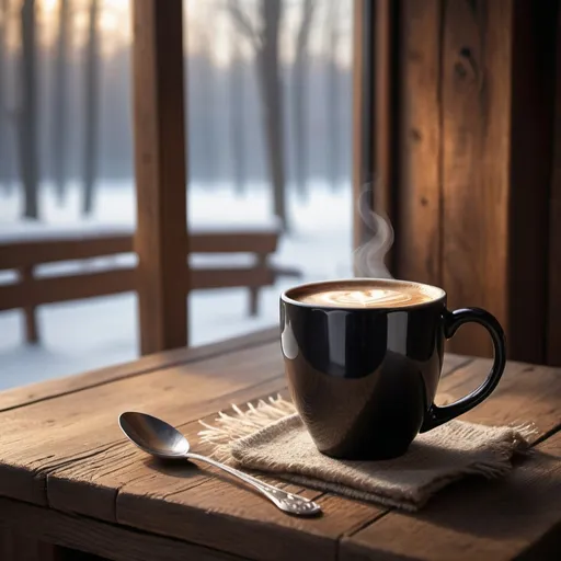 Prompt: a coffee in a black coffee mug  on a wooden table  in a cafe during winter time

