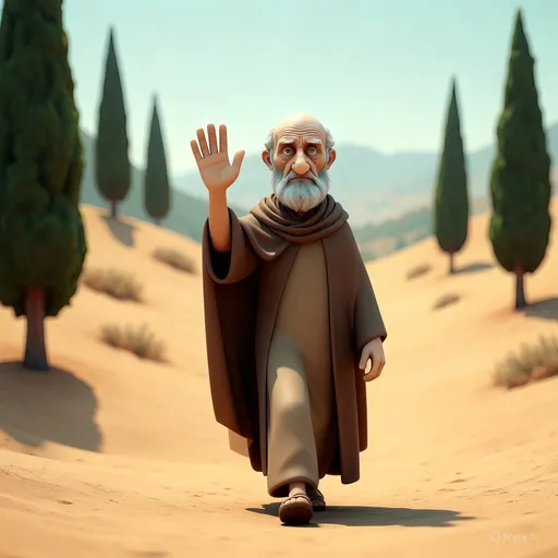 Prompt: The man waving to audience then walks gently