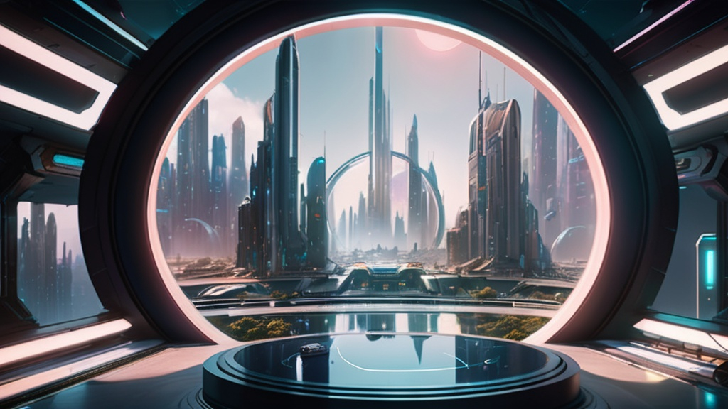 Prompt: a futuristic cityscape with a circular window and a circular floor in the center of the room is a futuristic city, Beeple, futurism, star citizen halo, a detailed matte painting