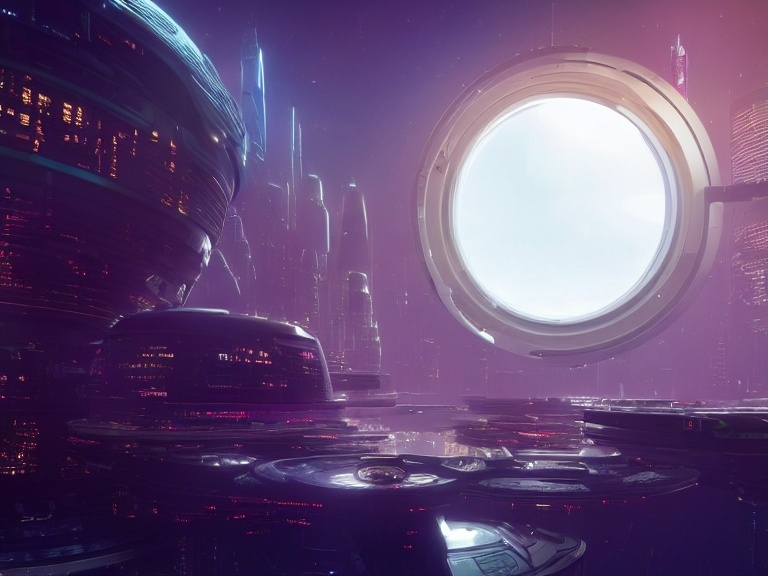 Prompt: a futuristic cityscape with a circular window and a circular floor in the center of the room is a futuristic city, Beeple, futurism, star citizen halo, a detailed matte painting