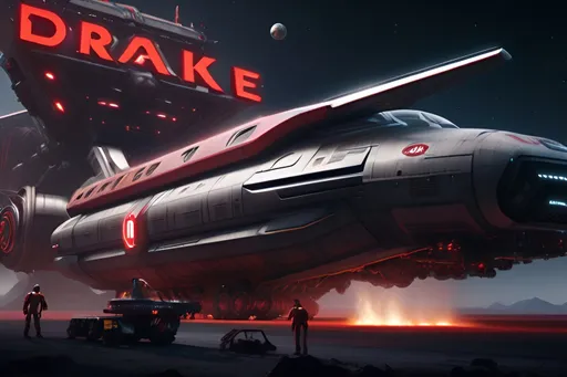 Prompt: cinematic shot of a spaceship manufacture with metal smeltering, robots working on various parts like the hull, thrusters, landing gears, at the top of the scene, the a sign indicating: 
DRAKE INTERSTELLAR in big bold red glowing lettering all in uppercase with a sans-serif font