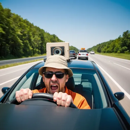 Prompt: (Highway speed camera photo) of a screaming man driving a car in sunglasses and bucket hat 