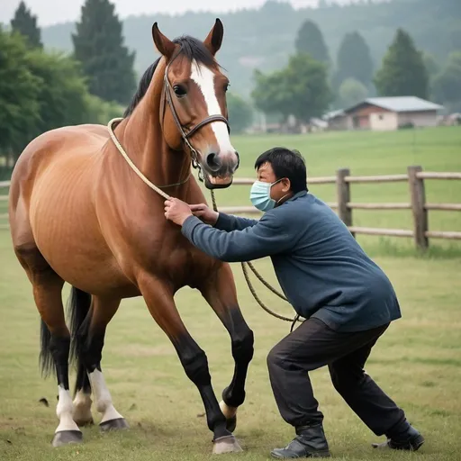 Prompt: I want a picture of a horse who cannot eat because there is a mask cover its mouth
 The horse carries a lot of heavy loads and walks on the grass. His owner was beating him with a whip.
