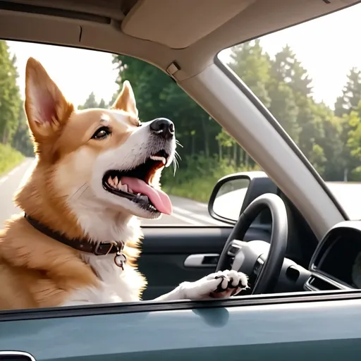 Prompt: Dog singing in a car passing on the road