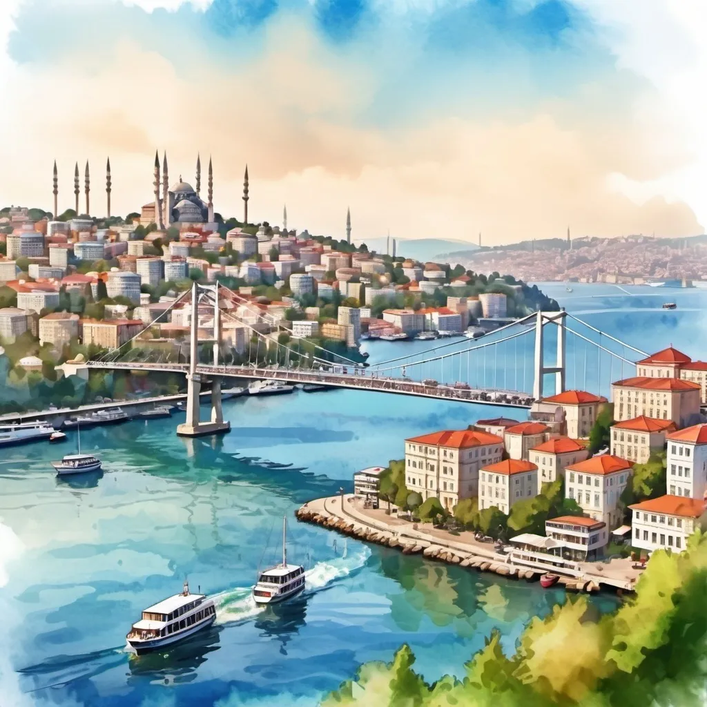 Prompt: Istanbul in summer bosphorus view bridges with watercolor art style
