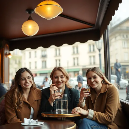 Prompt: Friends in mid-20s in a cafe in Paris smiling