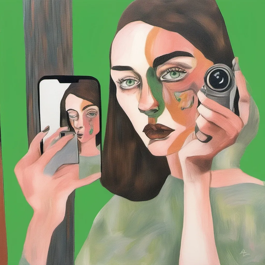 Prompt: a woman holding up a camera to take a picture of herself in the mirror with her phone in her hand, Annabel Eyres, aestheticism, green eyes, a picture