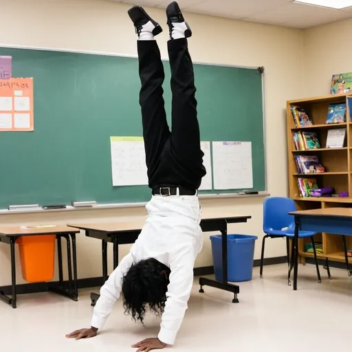 Prompt: Sigma michael Jackson doing a hand stand in a special ed classroom