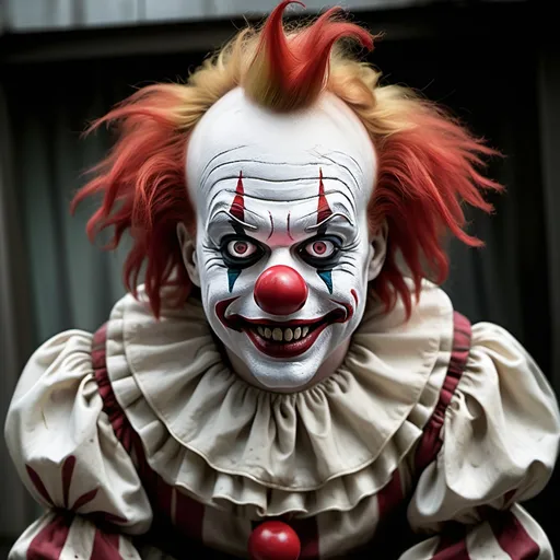 Prompt: A human-like creepy clown, visible from the knees to the bottom of the stomach, with a full view of the face and no makeup. The clown has pale white skin, dark hollow eyes that give off an unsettling vibe, and a closed mouth that hints at a sinister smile, with slightly crooked teeth just visible. His wild and messy hair is a faded red color, contributing to his eerie appearance. He wears a tattered, old-fashioned clown suit with oversized buttons, and the torso area features a grimy, worn shirt. Dim, eerie lighting casts shadows across the clown's face and body, enhancing the ominous expression. The background is dark and misty, suggesting a haunted carnival or abandoned circus, creating an unsettling atmosphere.