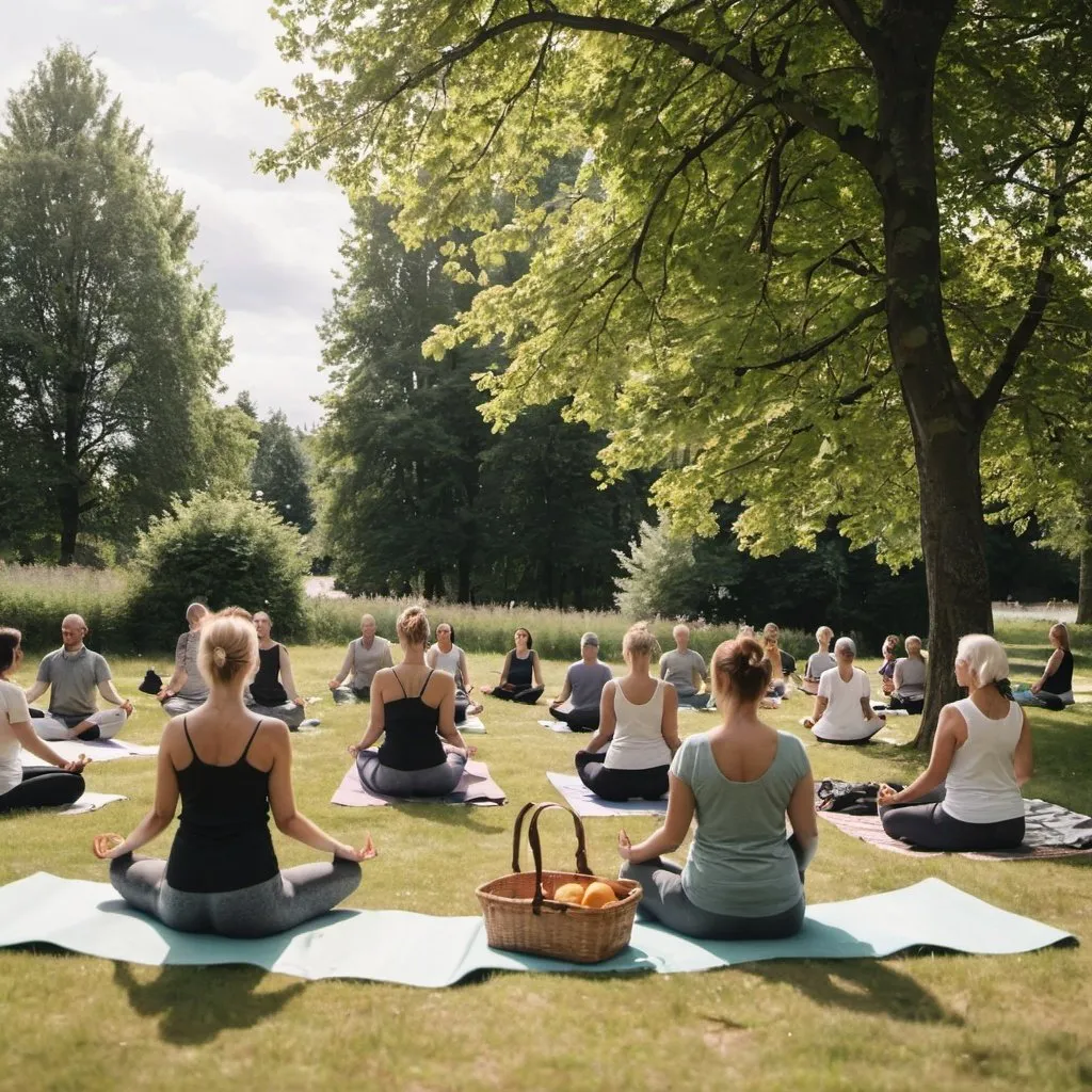 Prompt: A group of 30 year old people doing yoga in a scandinavian park in the summer. They have picknick blankets and baskets laying around them