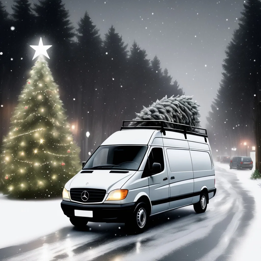 Prompt: a photorealistic, award winning image of a dark winter forrest with many christmas trees, it is snowing, big flakes, in the distance you see a small, white Mercedes Vito from the side, the Mercedes Vito van has big christmas tree on top, it is a white van, you see christmas lights