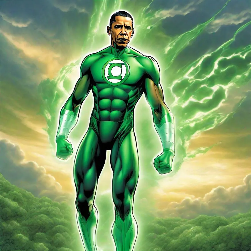 Prompt: barack obama wearing green lantern suit, green energy, green light, full body picture, comic book art style, cloudy sky background, shaded, god rays