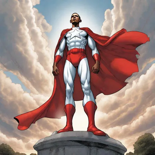 Prompt: barack obama wearing red and white super hero suit, red cape, red stripe, full body picture, comic book art style, cloudy sky background, shaded, god rays