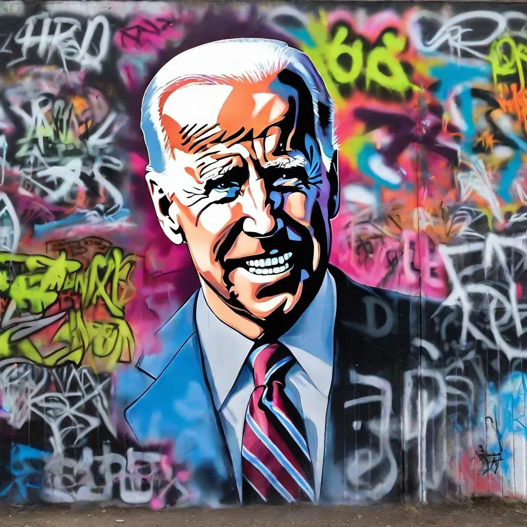 Prompt: graffiti art of joe biden, anti authority, protest, aggressive colors, crossed out eyes