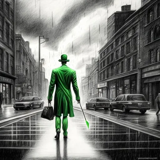 Prompt: the riddler standing in the street, pencil drawing, rainy weather, dark clouds, tall buildings, nostalgic theme