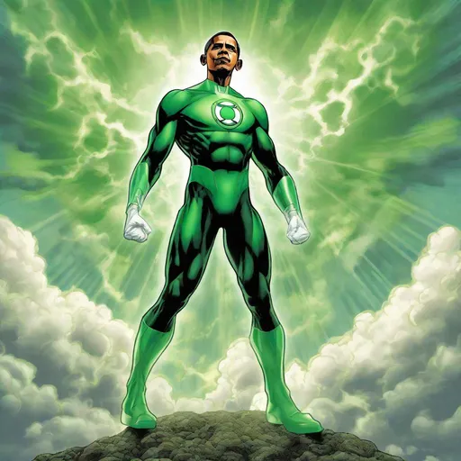 Prompt: barack obama wearing green lantern suit, green energy, green light, full body picture, comic book art style, cloudy sky background, shaded, god rays