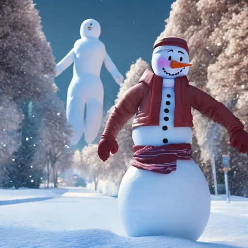 Prompt: snowman with elon musk's head running in a marathon, wearing track clothes, outdoors, vibrant, high detail, realistic, shaders