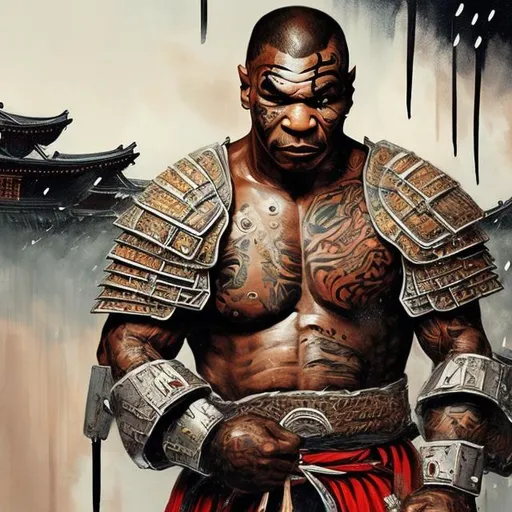 Prompt: mike tyson wearing samurai armor, ancient japanese art style, rainy weather, old japanese city, painting, brush strokes