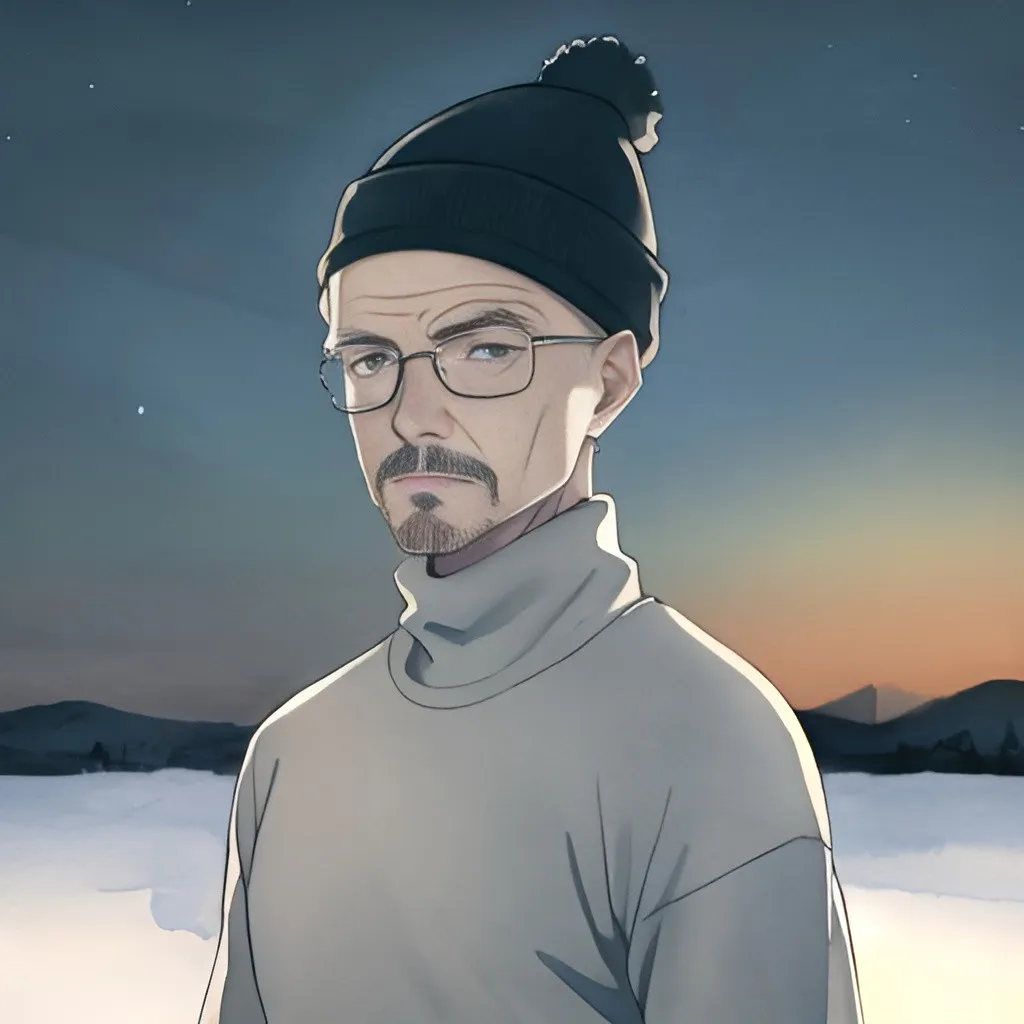 Prompt: walter white, masterpiece, best quality, bald, sweater, looking at viewer, upper body, beanie, outdoors, watercolor, night, turtleneck