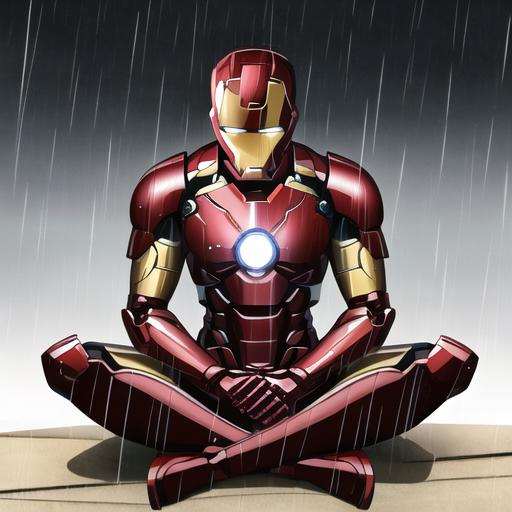 Prompt: iron man wearing samurai armor, meditating position, sitting on knees, ancient japanese art style, rainy weather, old japanese city, painting art style