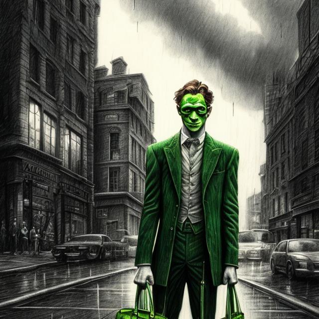 Prompt: the riddler standing in the street, pencil drawing, rainy weather, dark clouds, tall buildings, nostalgic theme, high detail