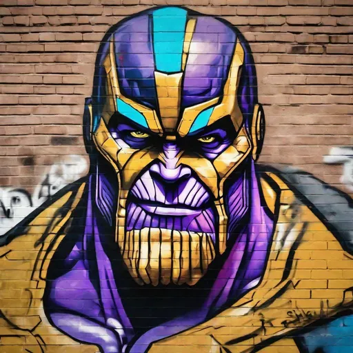 Prompt: graffiti art of thanos, brick wall backround, anti authority, protest, aggressive colors, crossed out eyes