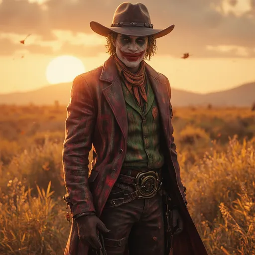 Prompt: the joker wearing a cowboy hat, wearing western clothes, western theme, open field, sundown, fall theme, outdoors, vibrant, high detail, animated, shaders