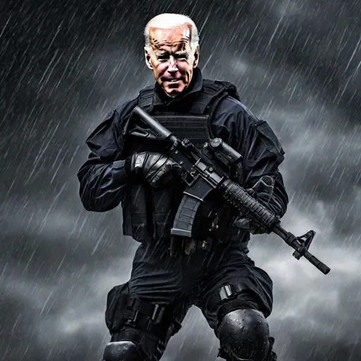 Prompt: joe biden in modern tactical armor, swat team armor, holding rifle, black boots, black gloves, dark background, rainy, dark clouds