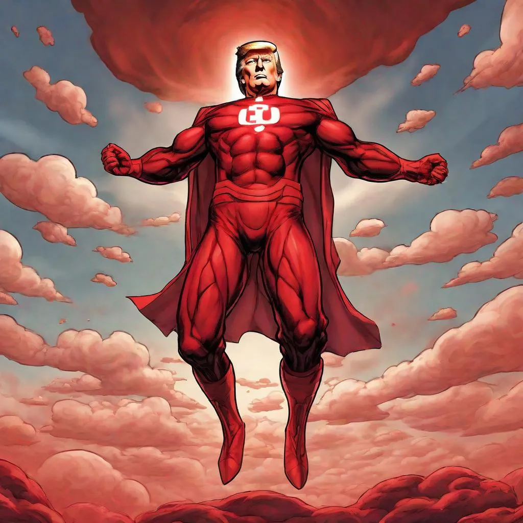 Prompt: donald trump wearing red lantern suit, floating in air, legs close together, red energy, red light, full body picture, comic book art style, cloudy sky background, shaded, god rays