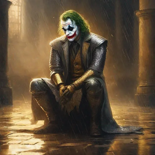 Prompt: the joker wearing chainmail armor, wearing coat of plates, kneeling on ground, divine energy, golden light, god rays, praying on ground, ancient medieval art style, rainy weather, old medieval city, painting art style
