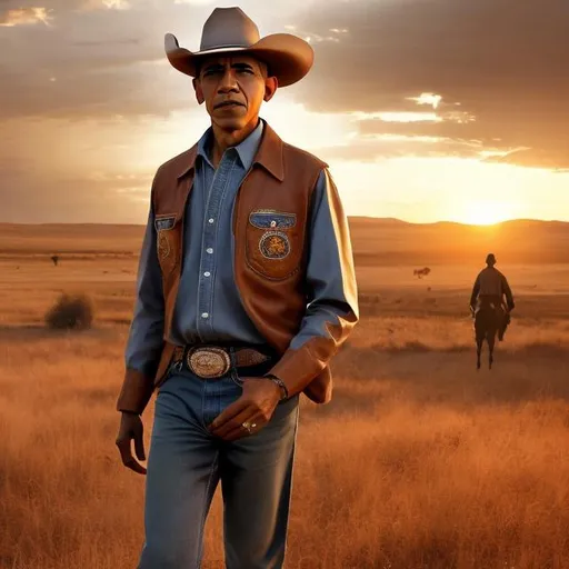 Prompt: barack obama wearing a cowboy hat, wearing western clothes, western theme, open field, sundown, fall theme, outdoors, vibrant, high detail, realistic, shaders