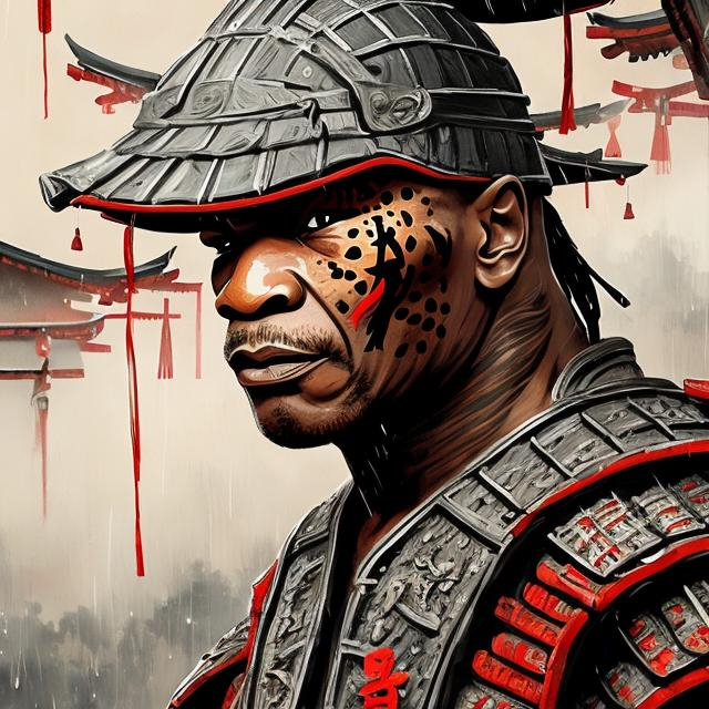 Prompt: mike tyson wearing samurai armor, ancient japanese art style, rainy weather, old japanese city, painting, brush strokes