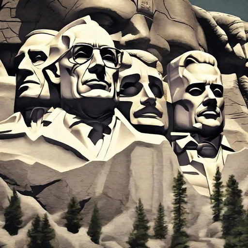 Prompt: Mount Rushmore with the faces of walter white, thanos, the joker, and iron man, stone statue, marble texture, realistic, shaded, forest background