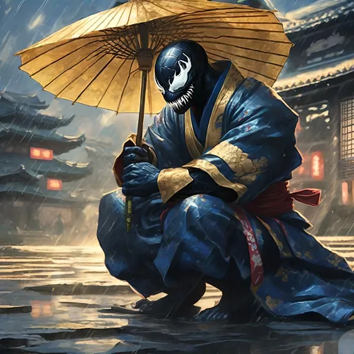 Prompt: venom from spider man wearing samurai armor, wearing a yukata, crossed legs, divine energy, blue and golden light, god rays,  praying on ground, ancient japanese art style, rainy weather, old japanese city, painting art style