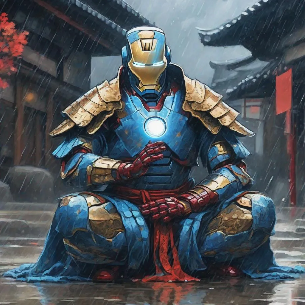 Prompt: iron man wearing samurai armor, meditating position, spiritual energy, blue energy, sitting on knees, ancient japanese art style, rainy weather, old japanese city, painting art style